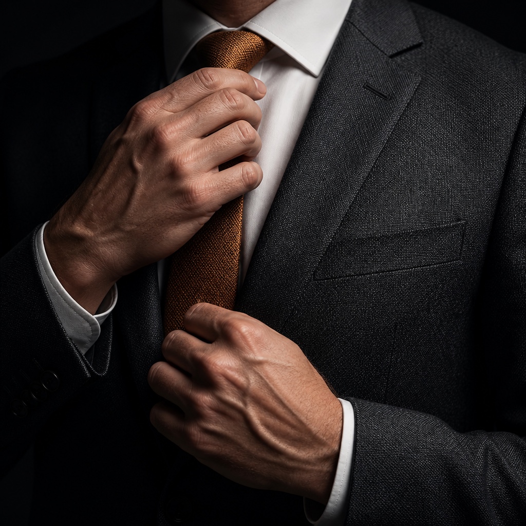 Professional in a charcoal suit adjusting a tie
